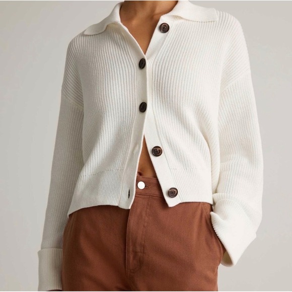 Quince Sweaters - Quince Sz Large White Organic Cotton Fisherman Collared Cardigan